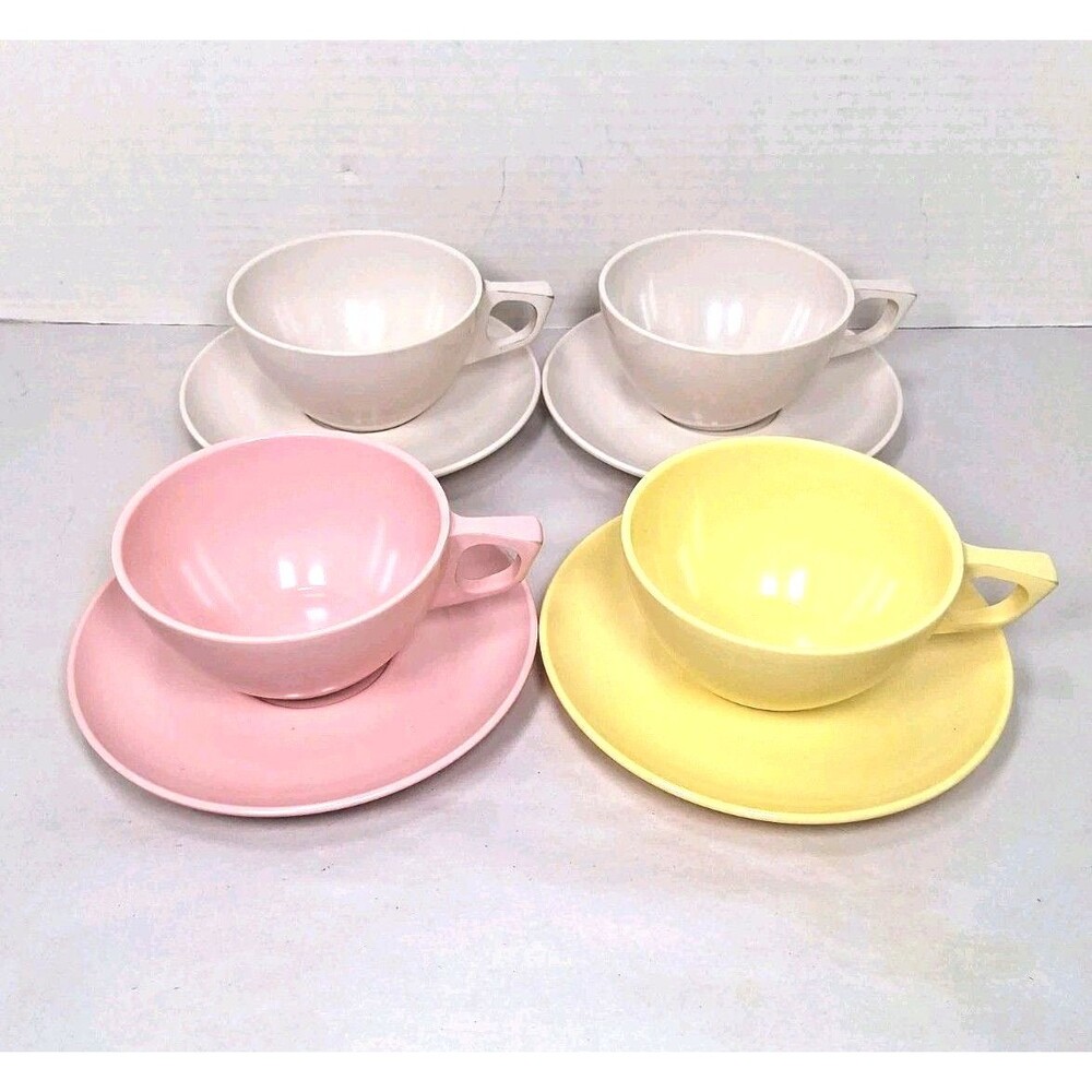 Vintage MCM Stetson Melmac Tea Cups & Saucers Set of 4